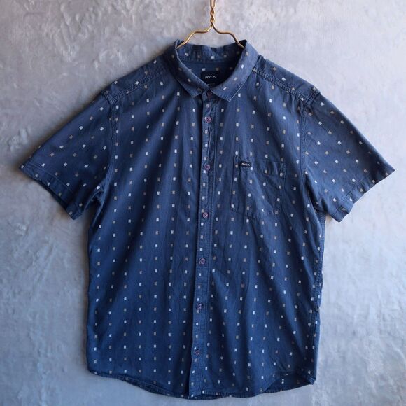 RVCA Blue Short Sleeve Button Up Shirt Size M Regular Cotton Dot Print - Picture 1 of 7